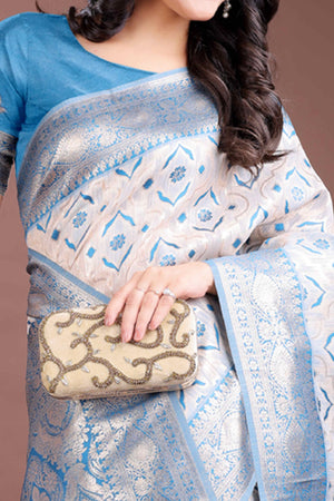 Tranquil Sky Blue Traditional Ikkat Style Zari Weaving Cotton Blend Saree with Charming Tassel Details
