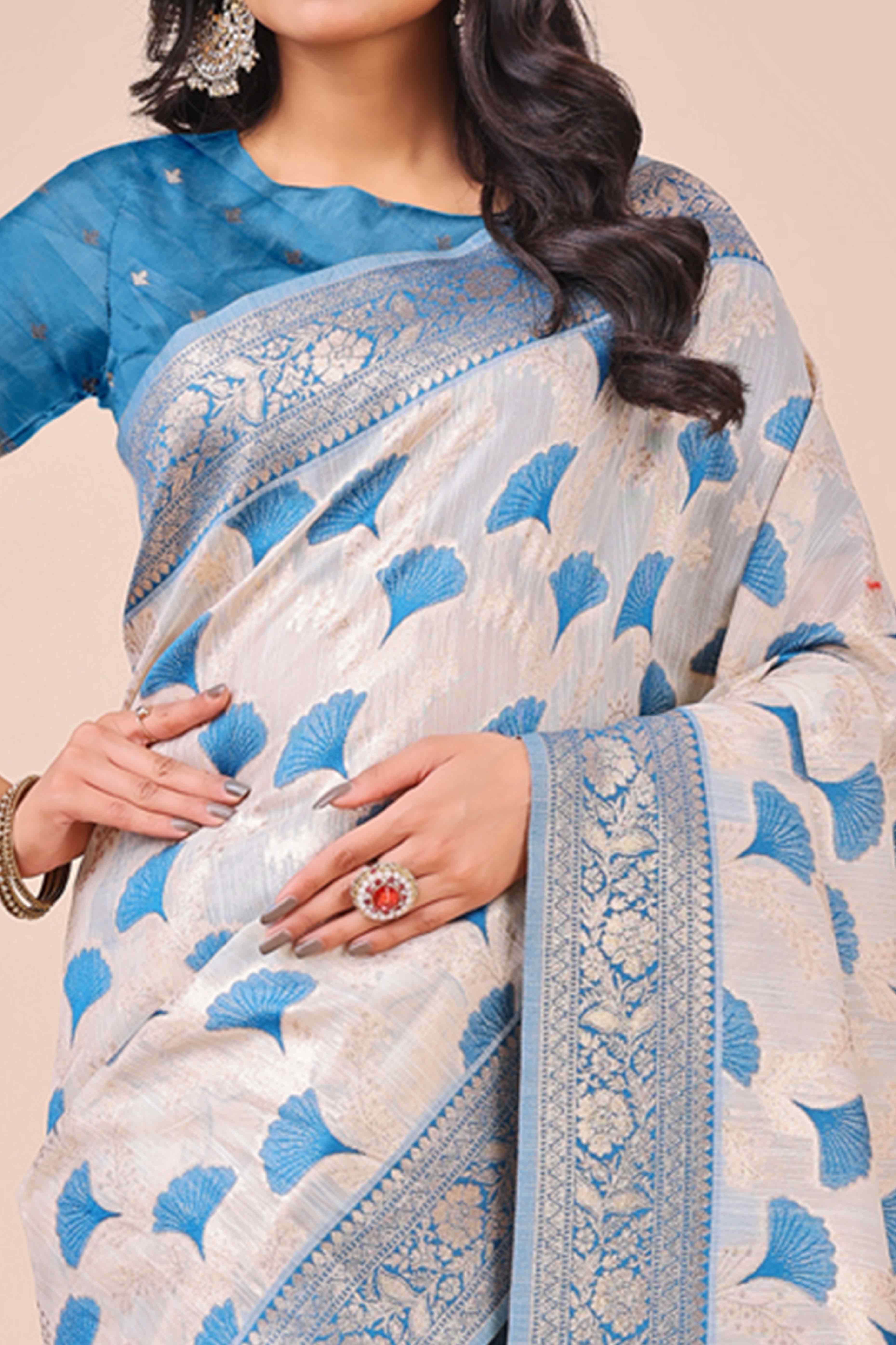 Blue Saree In Linen Cotton With Beautiful Floral Woven Patterns & a Tassel