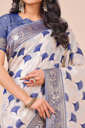 Navy Blue Saree In Linen Cotton With Beautiful Floral Woven Patterns & a Tassel