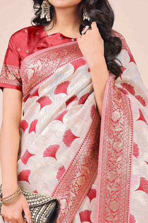 Maroon Saree In Linen Cotton With Beautiful Floral Woven Patterns & a Tassel