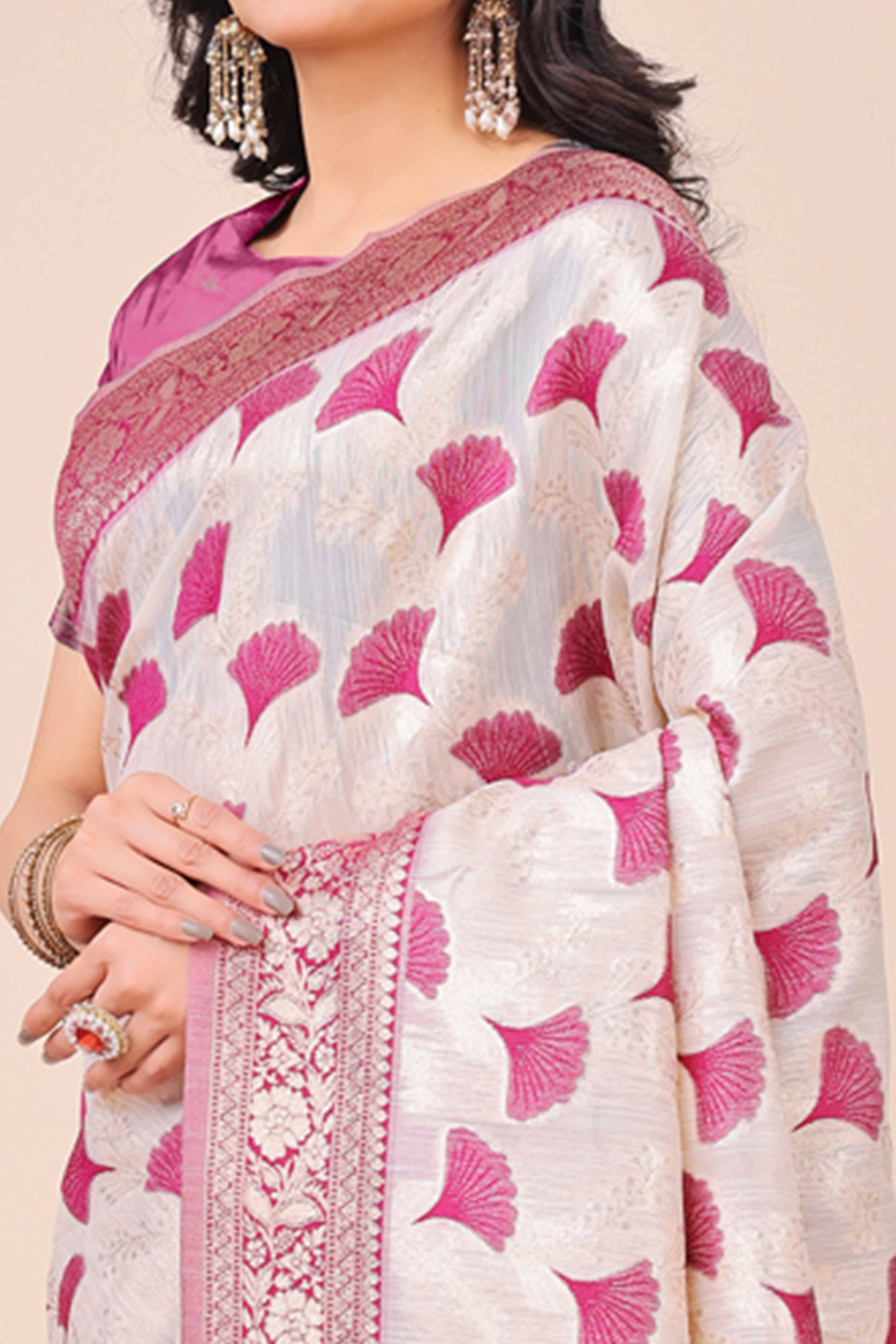 Dark Magenta Saree In Linen Cotton With Beautiful Floral Woven Patterns & a Tassel