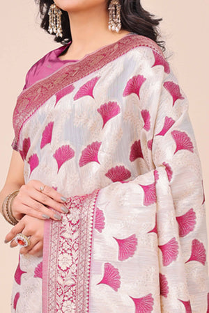 Dark Magenta Saree In Linen Cotton With Beautiful Floral Woven Patterns & a Tassel