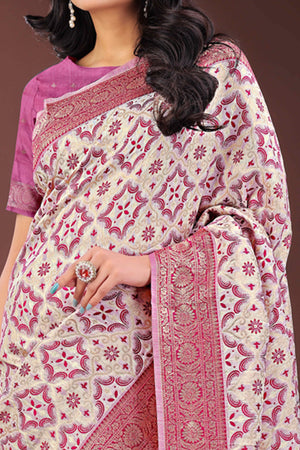 Pink Cotton Blend Saree with Woven Floral Brocade Patterns and Tasseled Borders