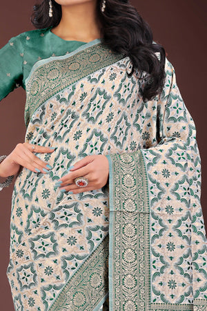 Green Cotton Blend Saree with Woven Floral Brocade Patterns and Tasseled Borders
