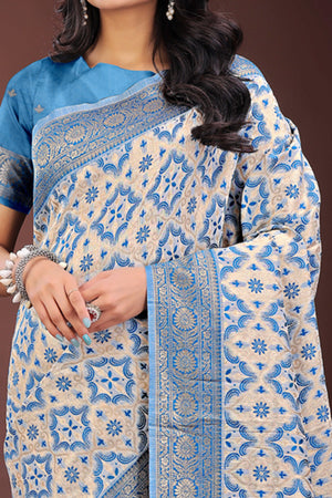 Sky Blue Cotton Blend Saree with Woven Floral Brocade Patterns and Tasseled Borders