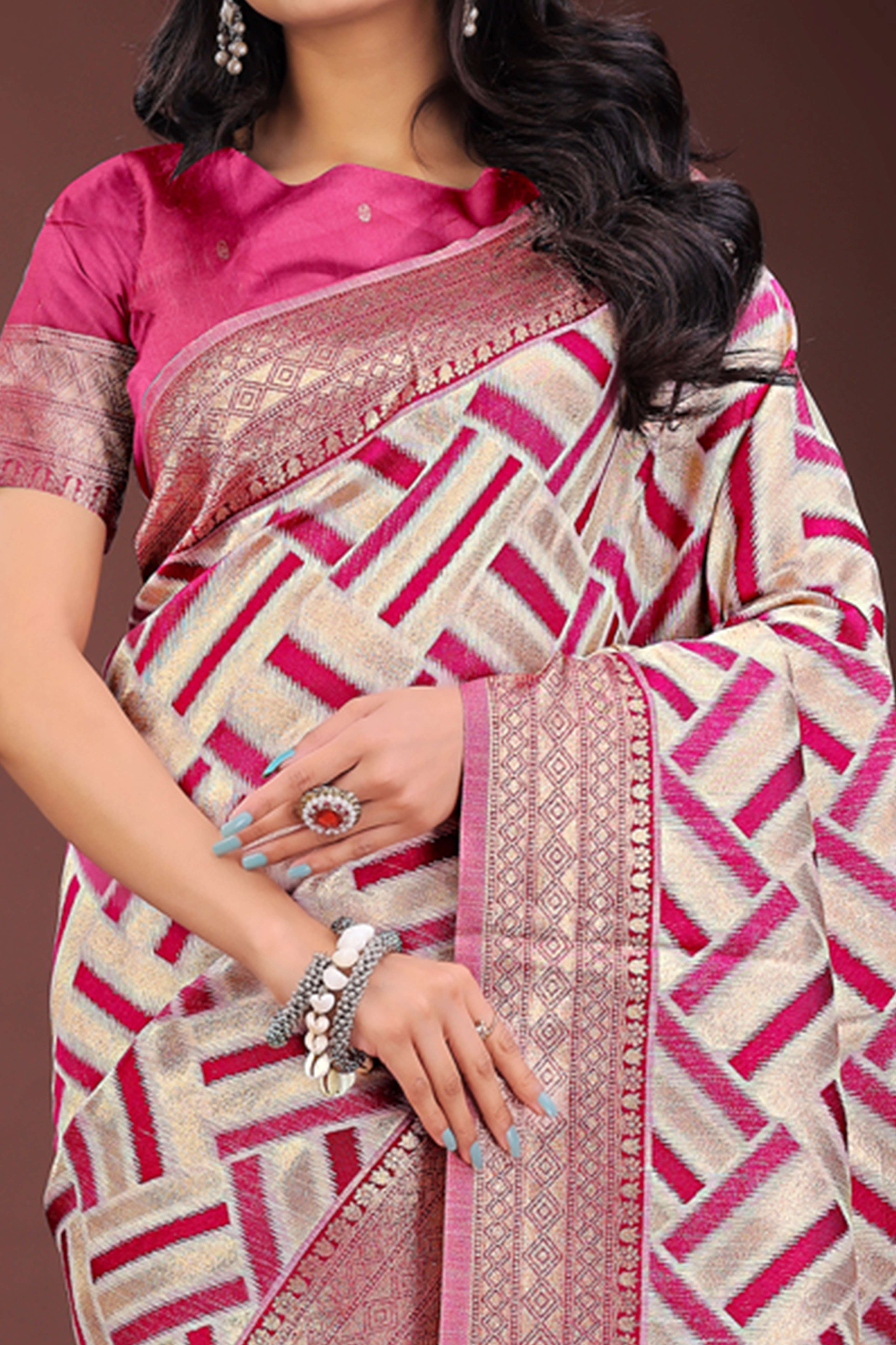 Magenta Saree with Zari Woven Geometric Motifs and Graceful Tassel Accents