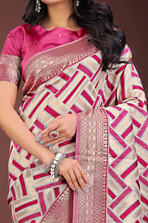 Magenta Saree with Zari Woven Geometric Motifs and Graceful Tassel Accents