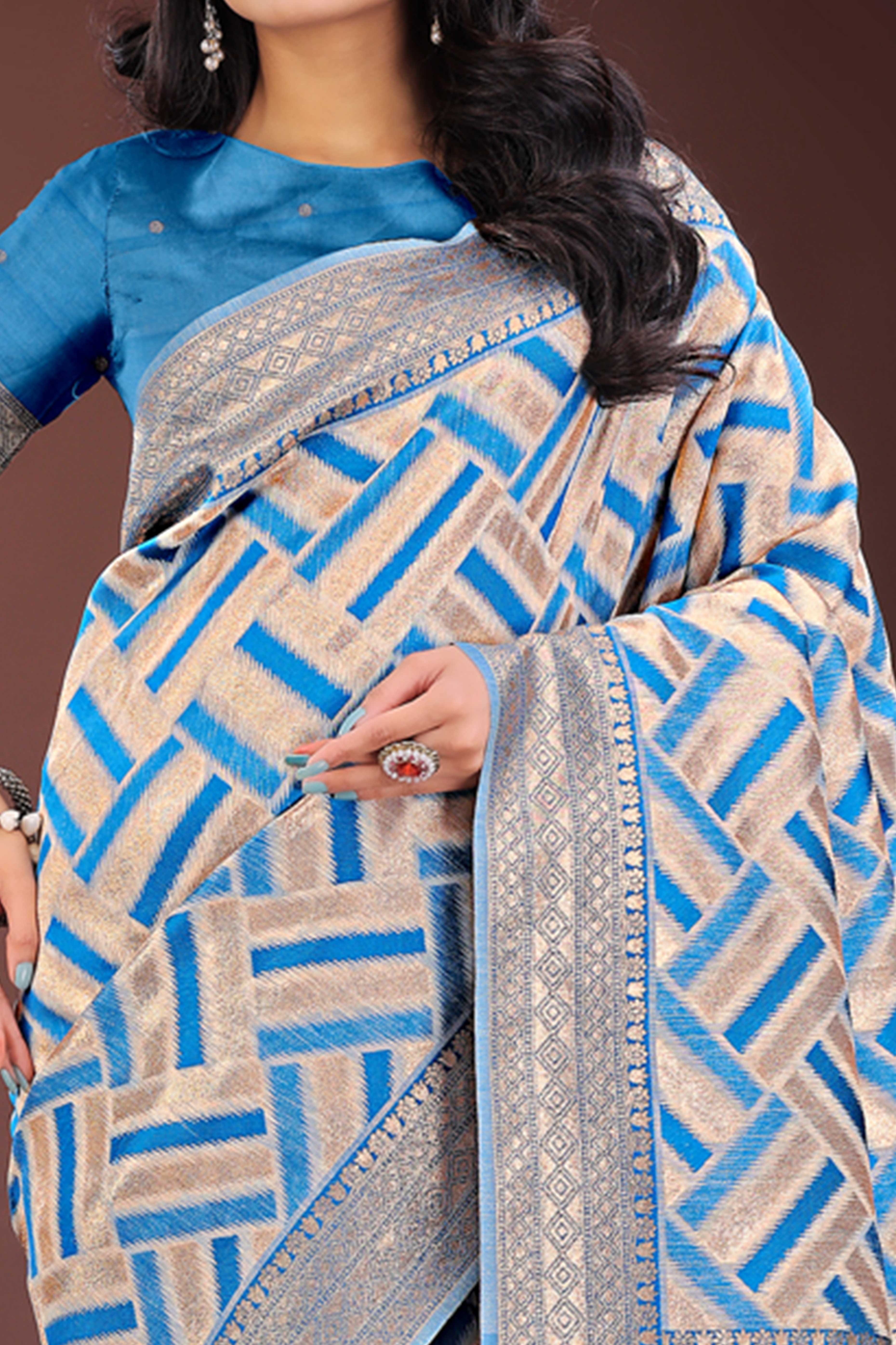 Blue Saree with Zari Woven Geometric Motifs and Graceful Tassel Accents