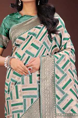 Green Saree with Zari Woven Geometric Motifs and Graceful Tassel Accents
