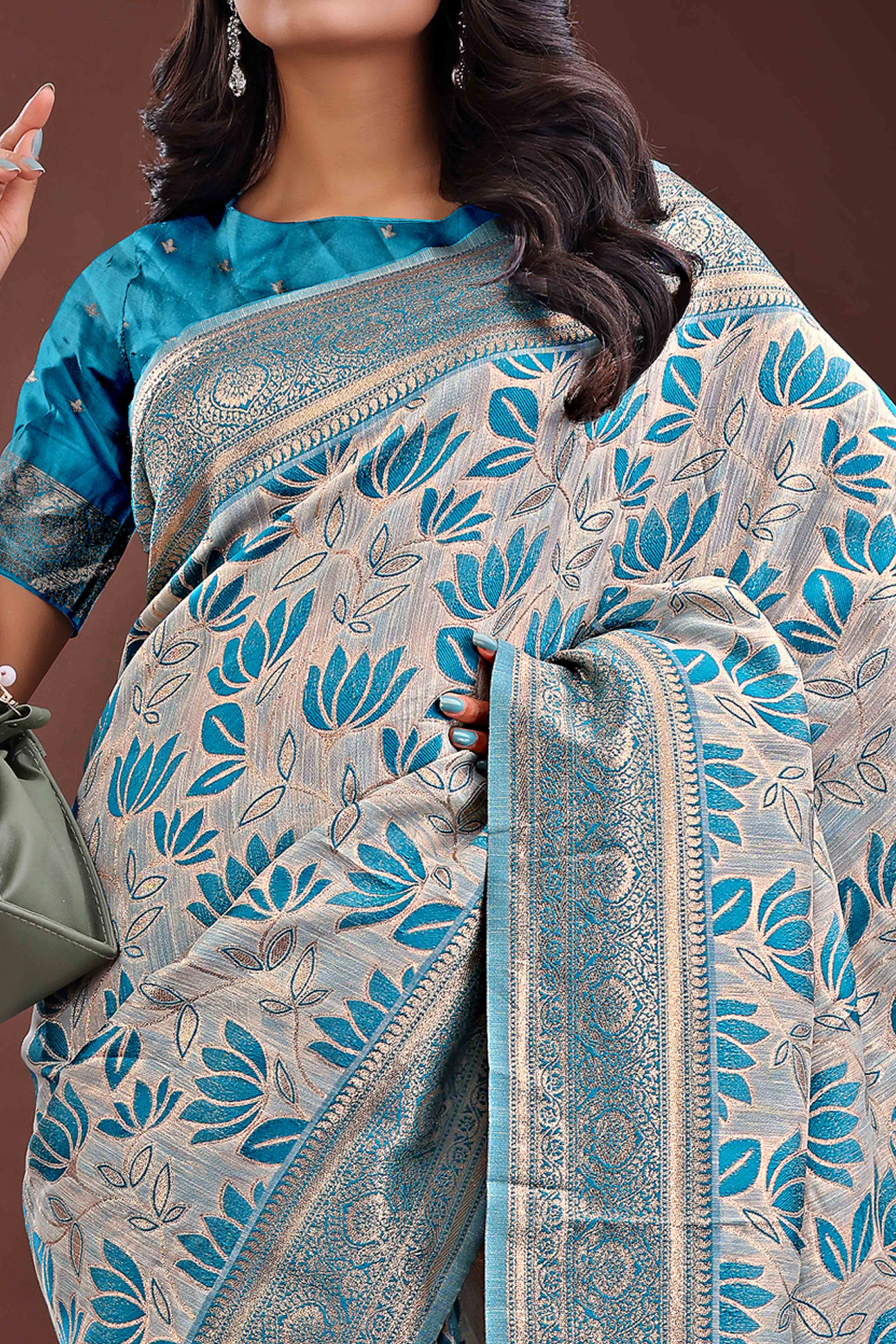 Sky Blue Linen Cotton Saree Featuring Graceful Floral Patterns in Zari Weave