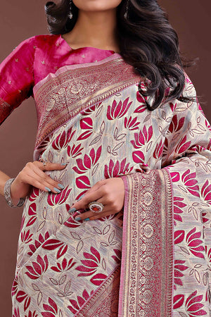 Purple Linen Cotton Saree Featuring Graceful Floral Patterns in Zari Weave