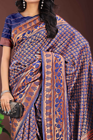 Navy Blue Silk Banarasi Saree with Stunning Zari Woven Brocade Patterns
