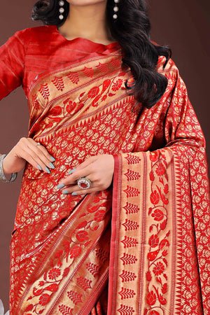 Red Silk Banarasi Saree with Stunning Zari Woven Brocade Patterns