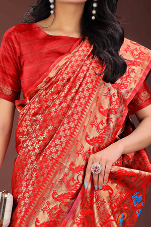 Red Saree in Banarasi Silk with Luxurious Zari Brocade Weaving