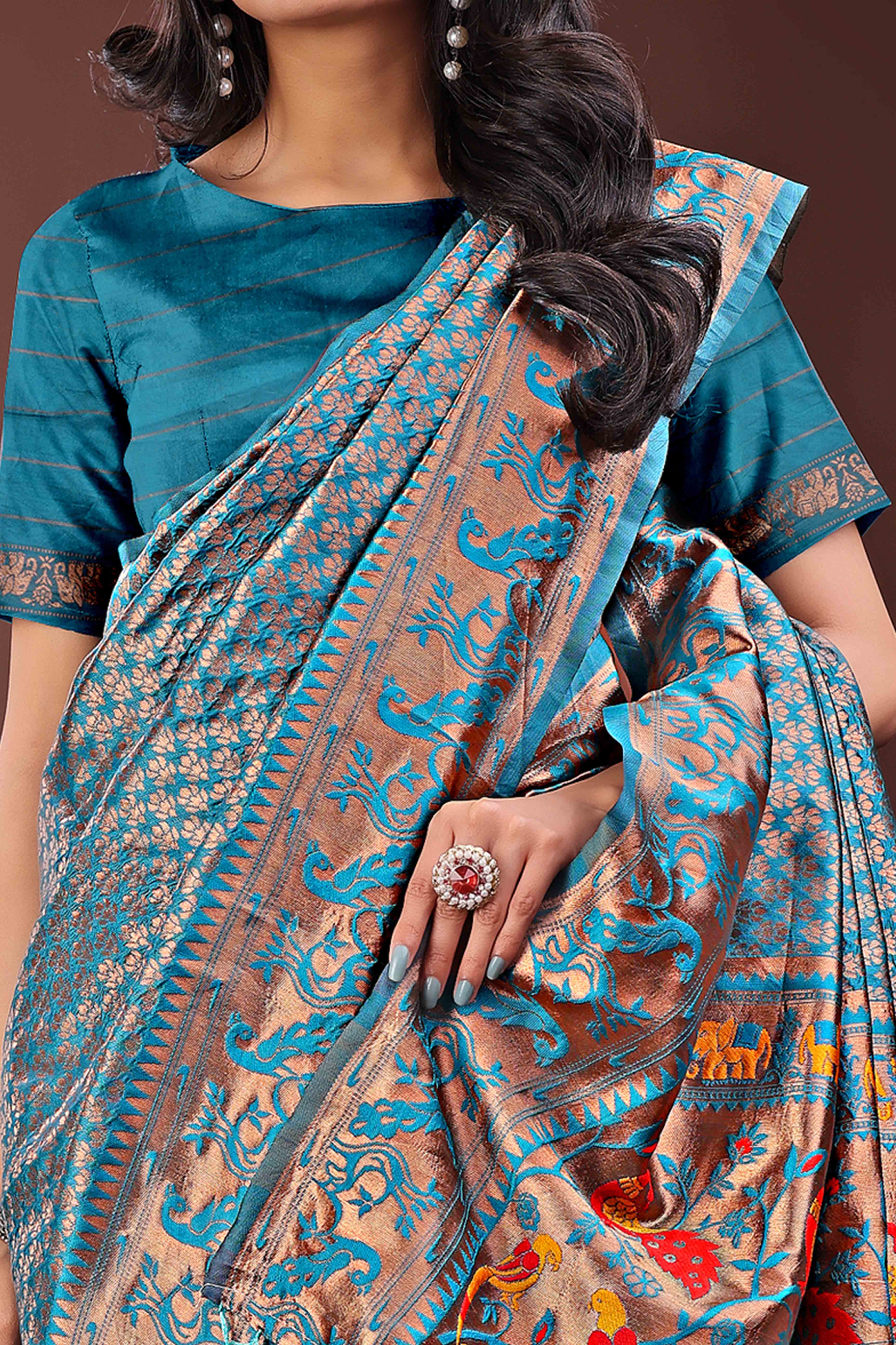 Teal Saree in Banarasi Silk with Luxurious Zari Brocade Weaving