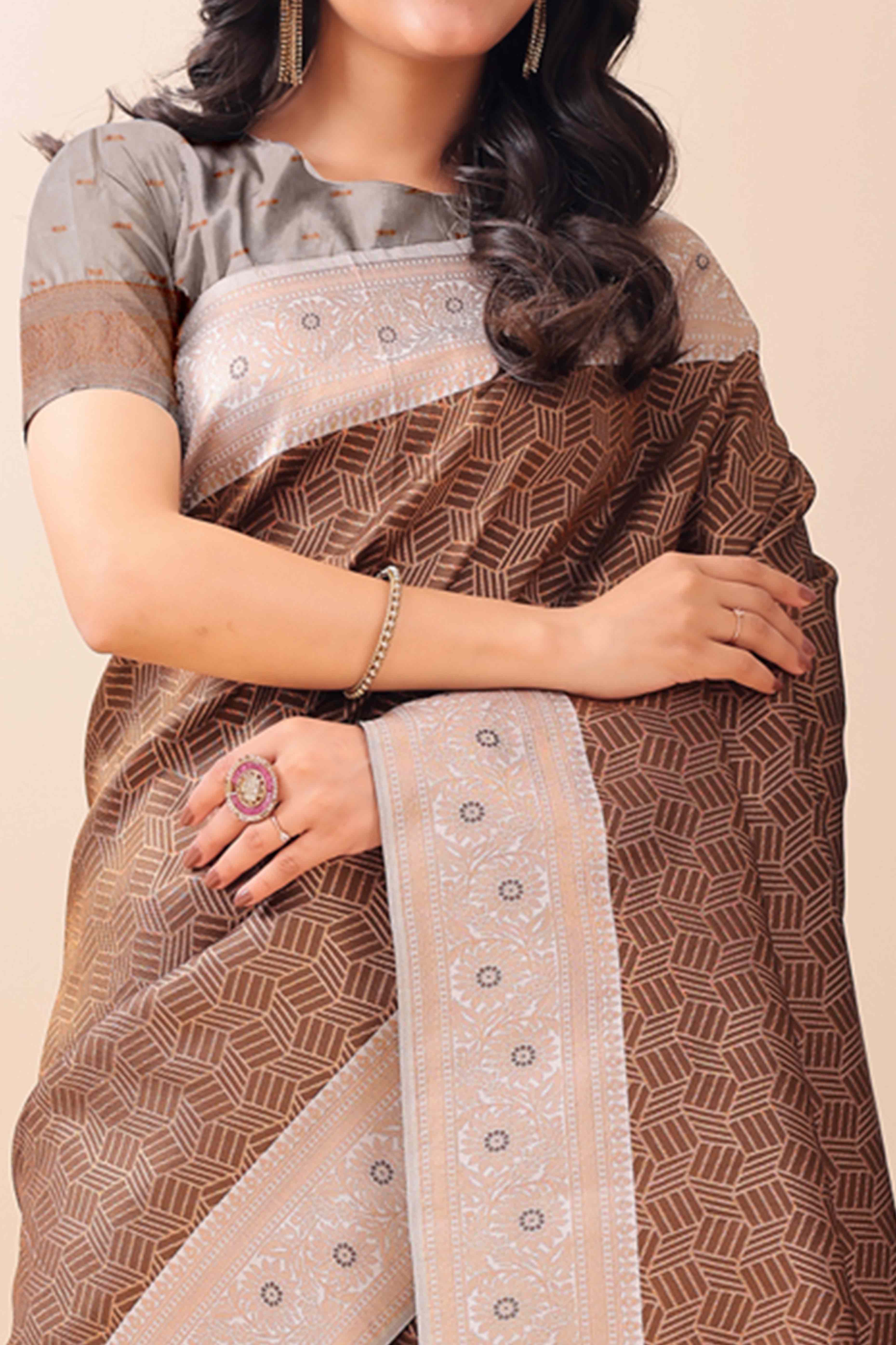 Brown Lichi Cotton Silk Saree With Intricate Zari Weaving In Floral & Geometric Patterns