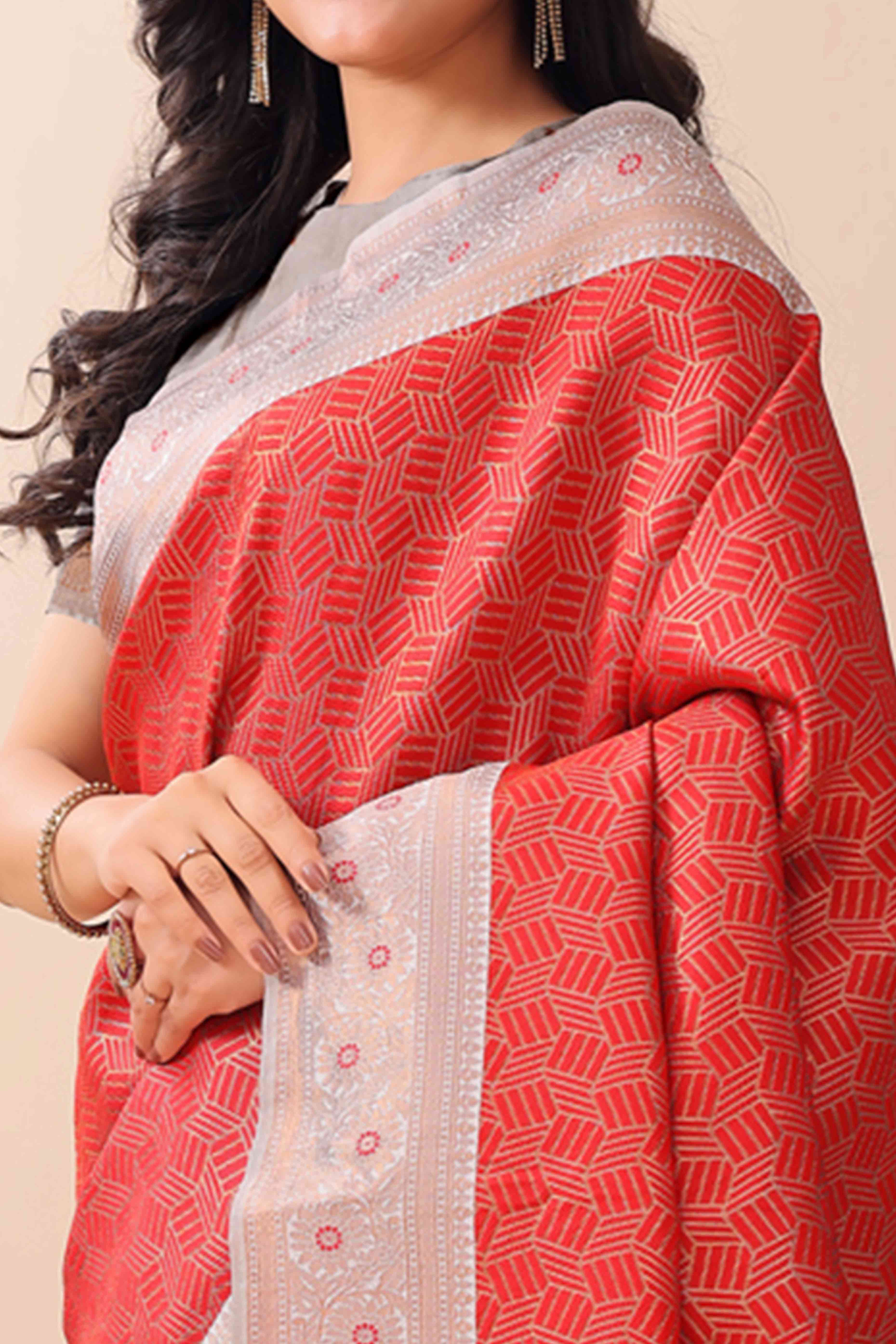 Red Lichi Cotton Silk Saree With Intricate Zari Weaving In Floral & Geometric Patterns