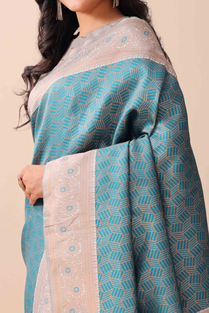 Teal Lichi Cotton Silk Saree With Intricate Zari Weaving In Floral & Geometric Patterns