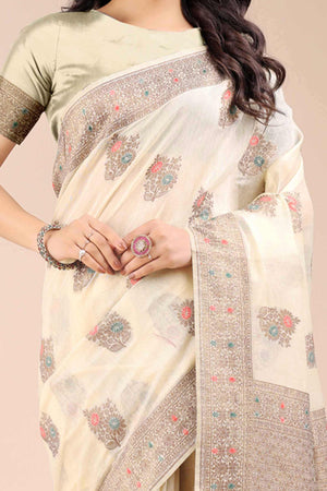 Cream Saree in Cotton Silk with Heritage Inspired Zari Woven Accents