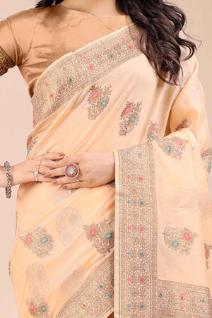 Peach Saree in Cotton Silk with Heritage Inspired Zari Woven Accents