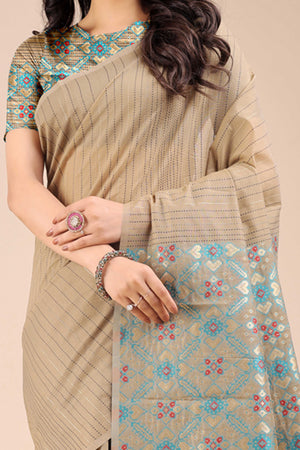 Beige Saree in Cotton Silk with Heritage Inspired Zari Woven Accents