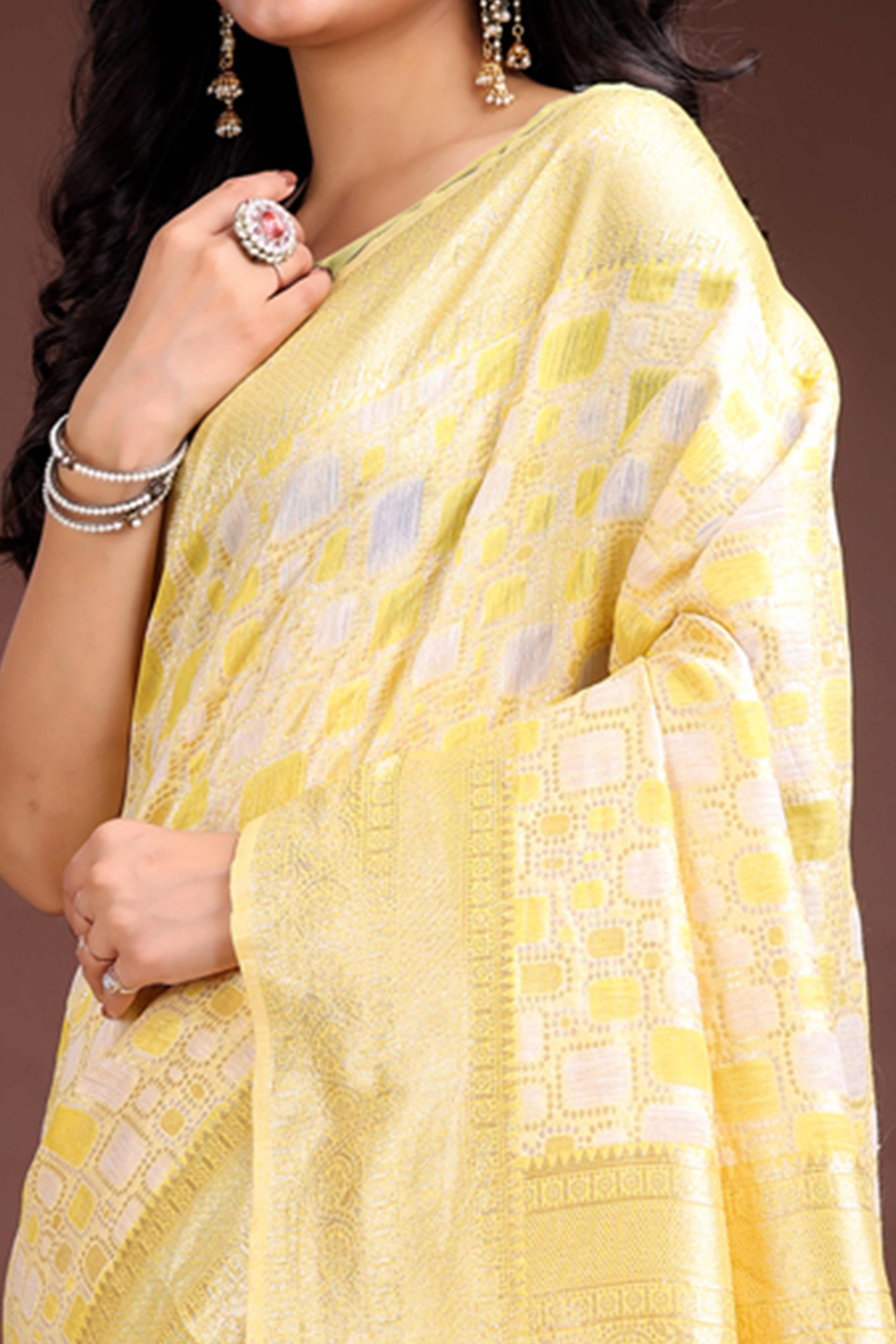 Radiant Yellow Geometric Style Zari Weaving Cotton Blend Saree Accented with Vibrant Tassels