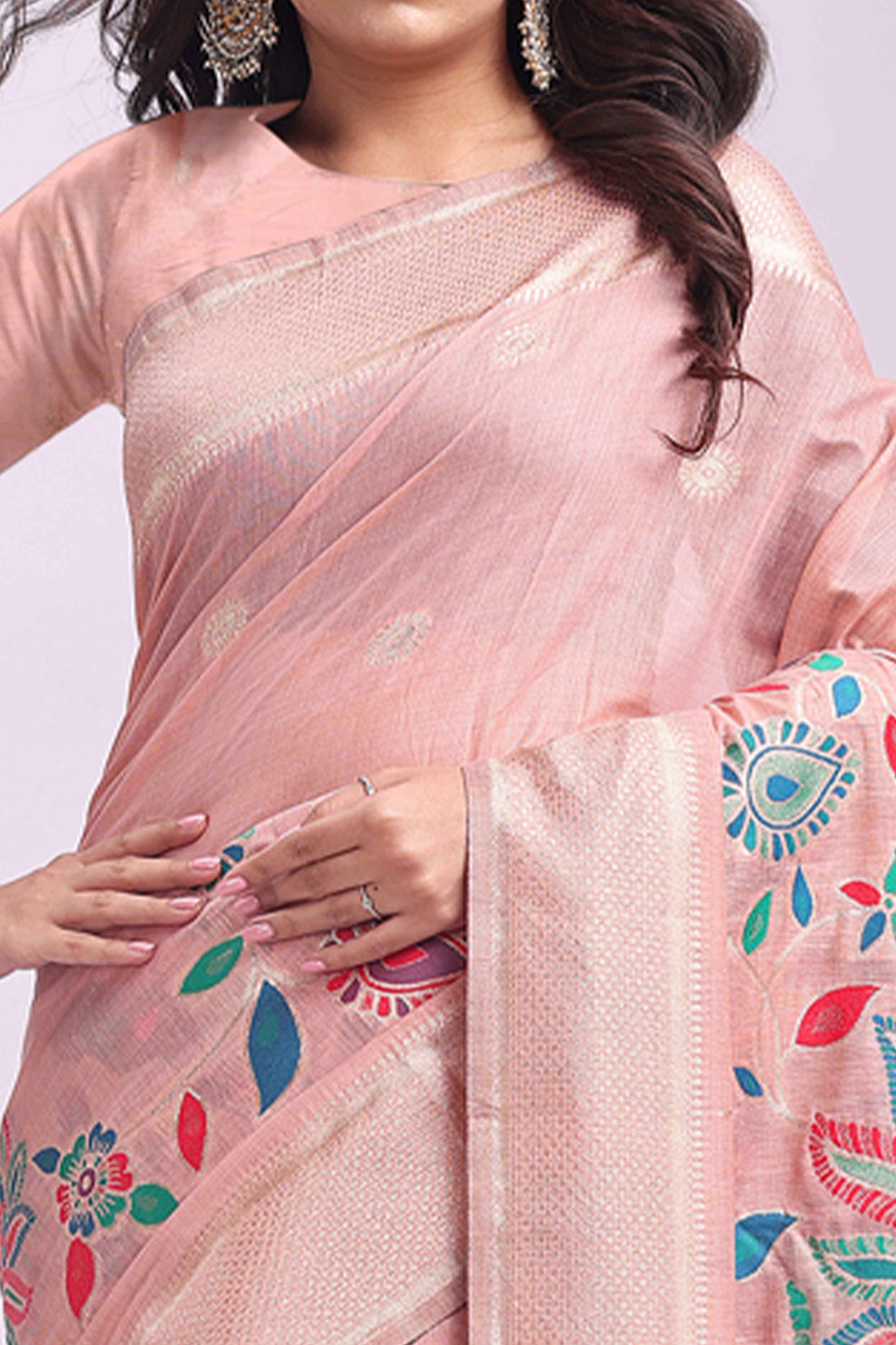 Peach Floral Woven Linen Cotton Saree Accented With Peacock Motif Pallu & Zari Border