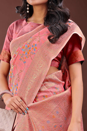 Gajari Pink Linen Cotton Saree With Intricate Floral Zari Weaving & Tassel Edge