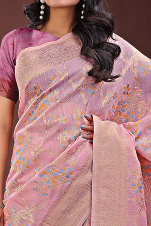 Light Pink Linen Cotton Saree With Intricate Floral Zari Weaving & Tassel Edge