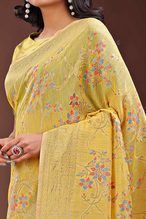 Yellow Linen Cotton Saree With Intricate Floral Zari Weaving & Tassel Edge