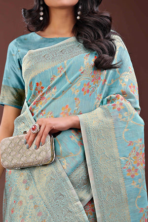 Blue Linen Cotton Saree With Intricate Floral Zari Weving & Tassel Edge