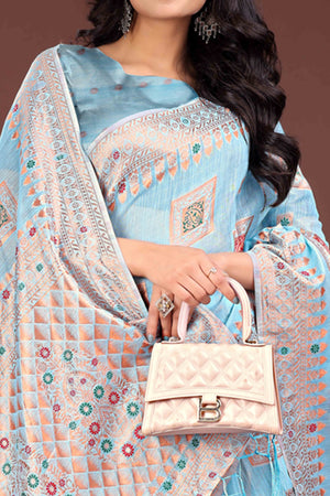 Elegant Floral Zari Weaving Embellished Sky Blue Saree In Linen Cotton with Tassel Accents