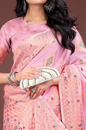 Stunning Floral Zari Weaving Embellished Pink Saree In Linen Cotton with Tassel Accents