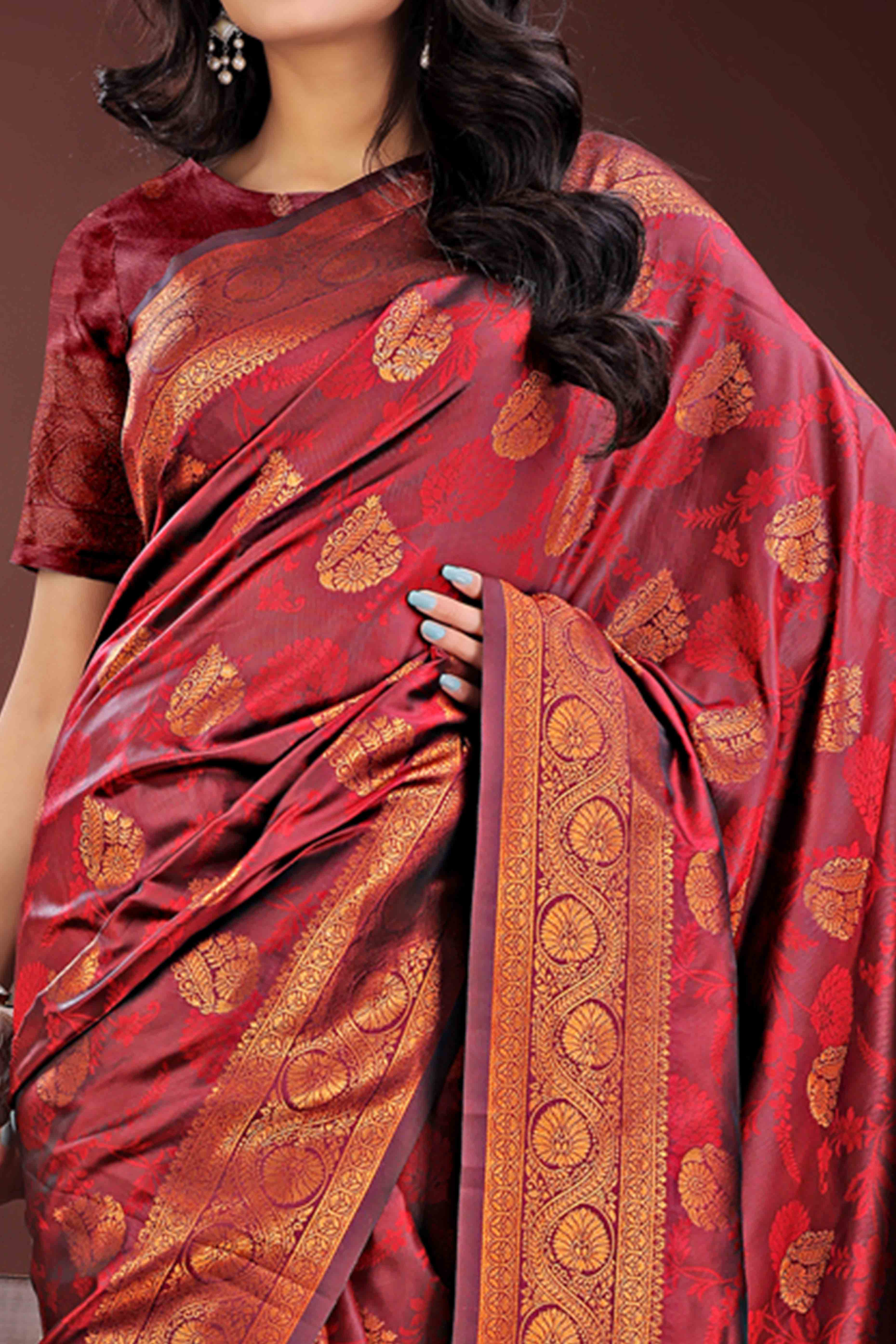Maroon Banarasi Saree in Silk with Intricately Woven Zari Florals