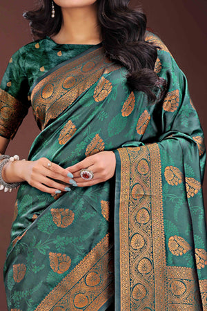 Dark Green Banarasi Saree in Silk with Intricately Woven Zari Florals