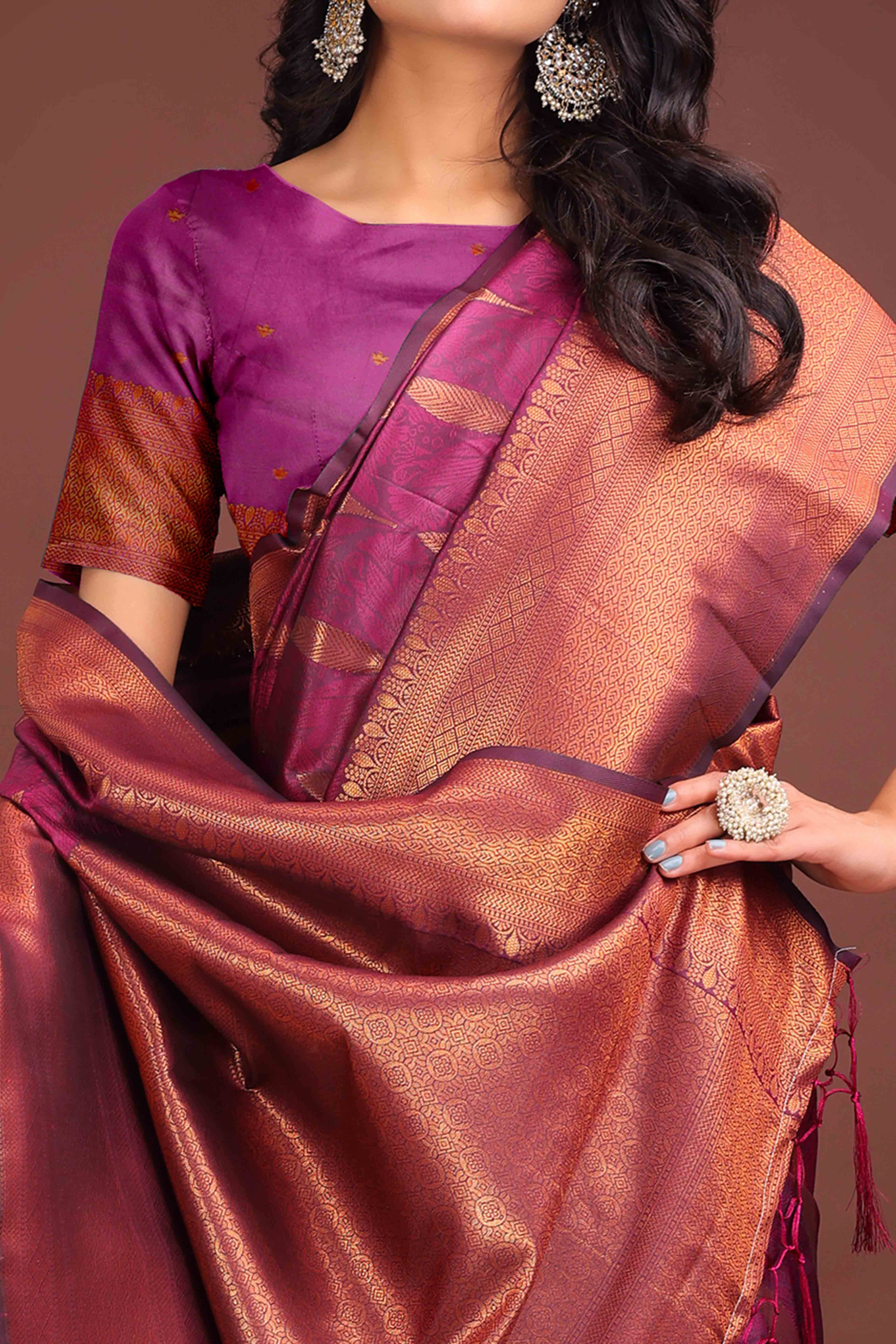 Magenta Zari Woven Banarasi Silk Saree With Timeless Tassel Border