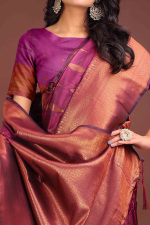 Magenta Zari Woven Banarasi Silk Saree With Timeless Tassel Border