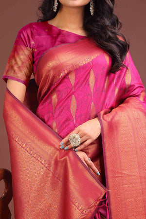 Rani Pink Zari Woven Banarasi Silk Saree With Timeless Tassel Border