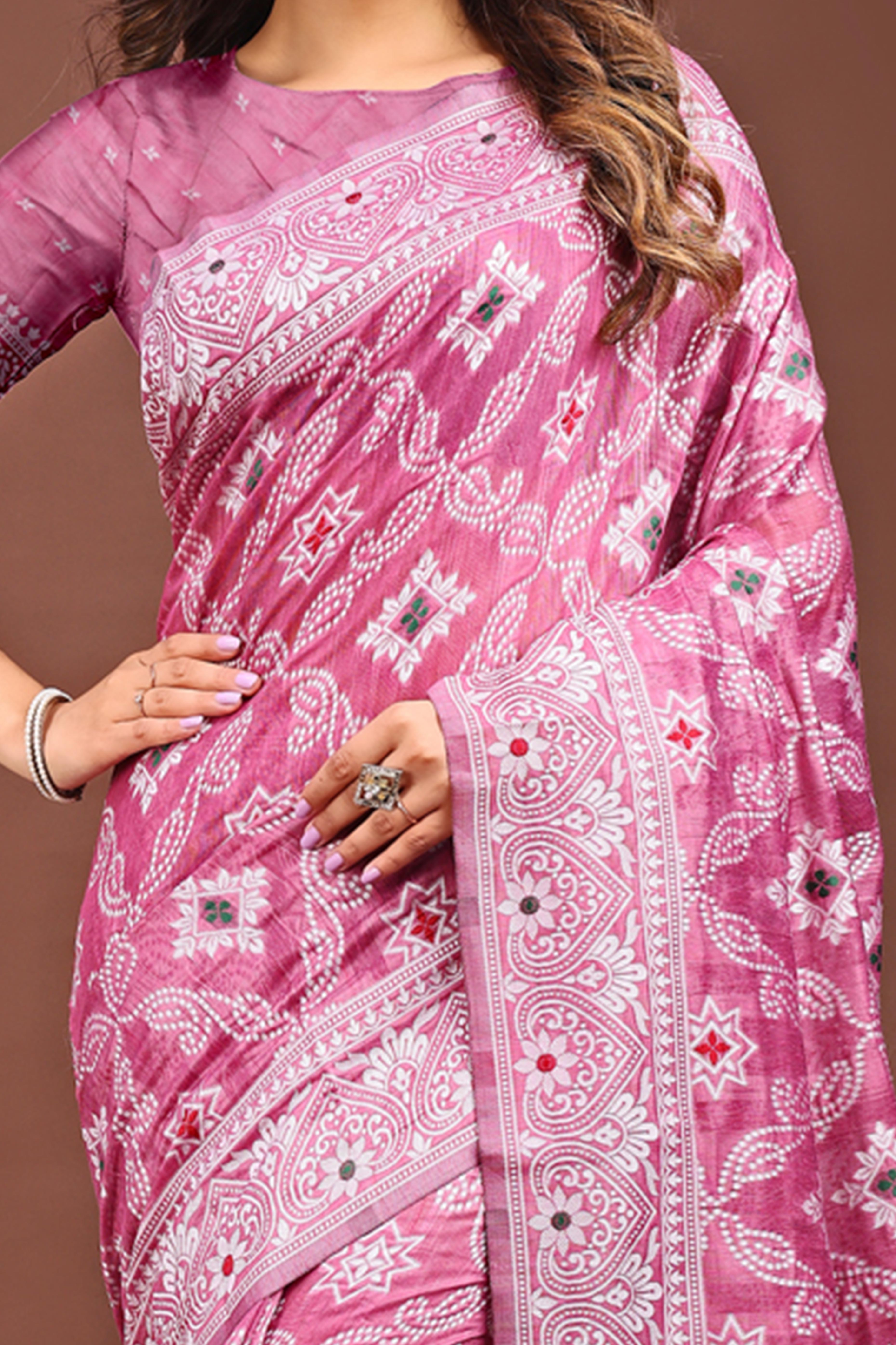 Traditional Bandhani Inspired Woven Pink Saree in Breathable Linen Cotton