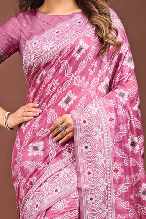 Traditional Bandhani Inspired Woven Pink Saree in Breathable Linen Cotton