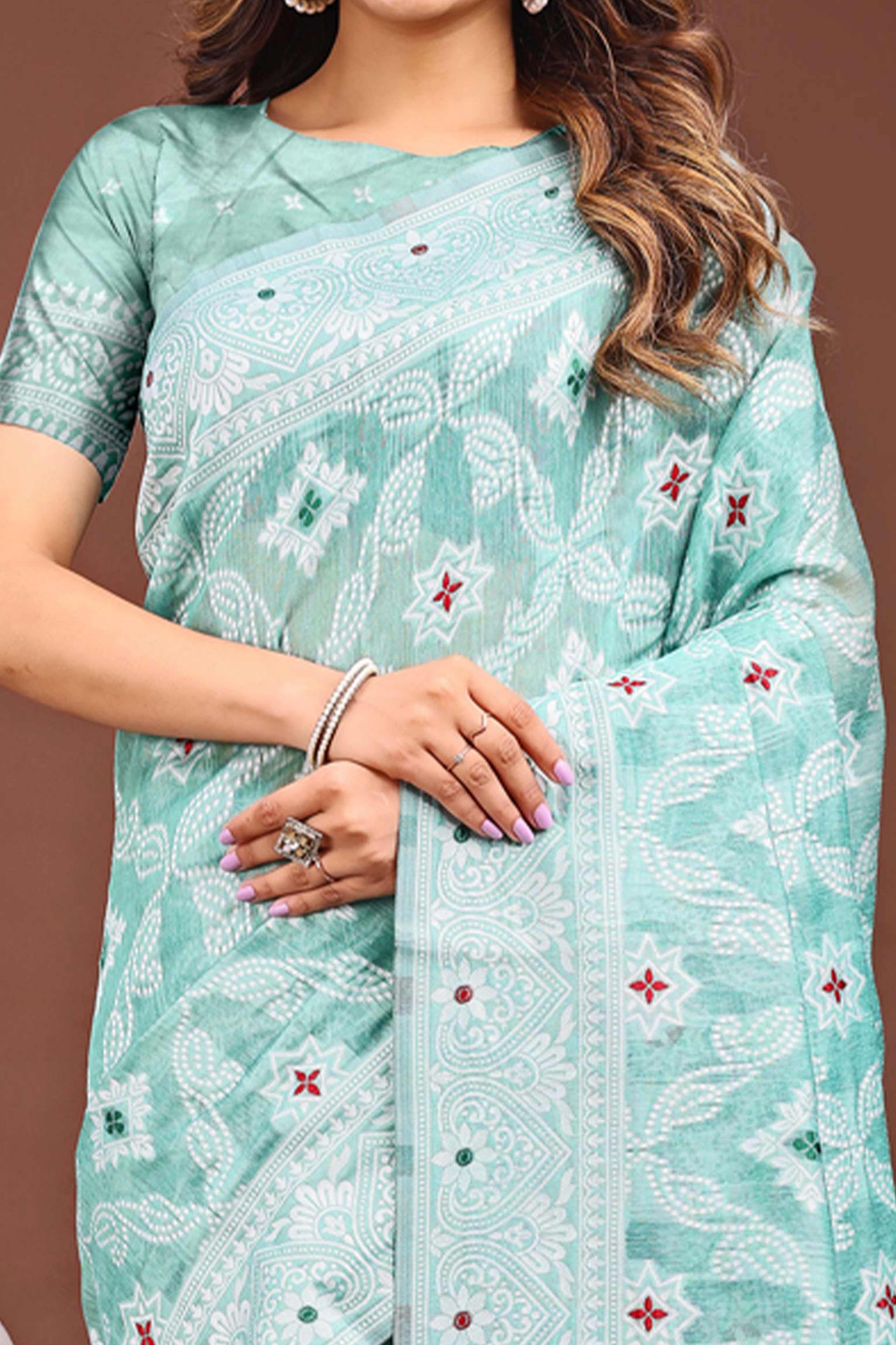 Traditional Bandhani Inspired Woven Sea Green Saree in Breathable Linen Cotton