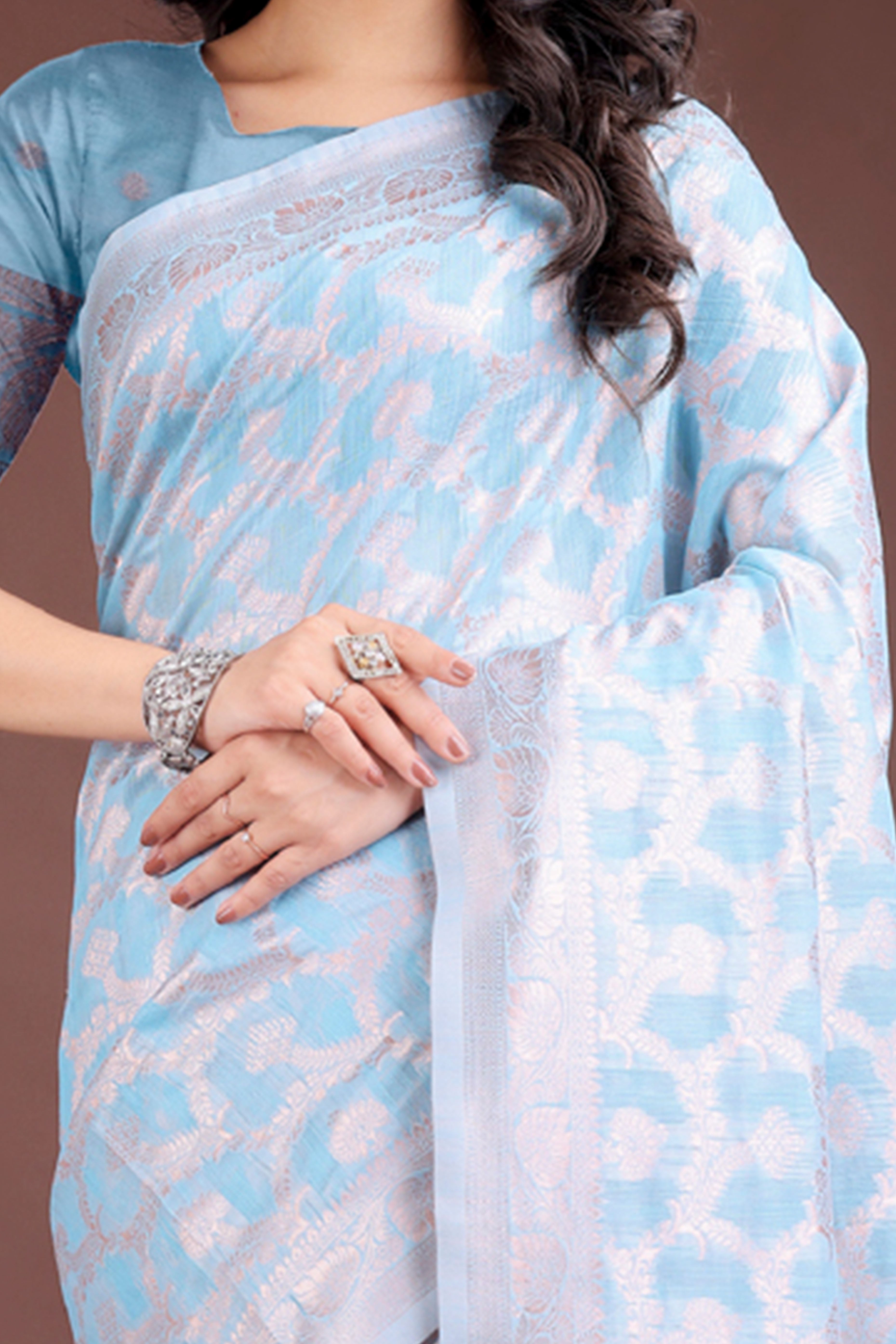 Sky Blue Linen Cotton Saree with Lustrous Zari Borders and Elegant Tassel Accents