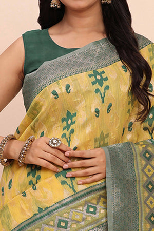 Yellow Patola Inspired Linen Cotton Saree Adorned With Zari Weaving & Graceful Tassel Pallu