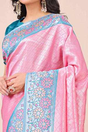 Pink Lichi Silk Blend Saree With Exquisite Floral Weaving & Graceful Tassel Details