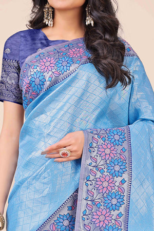 Blue Lichi Silk Blend Saree With Exquisite Floral Weaving & Graceful Tassel Details