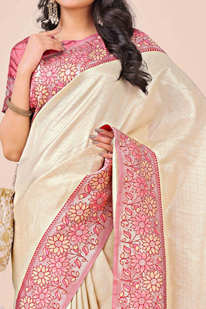 Cream Lichi Silk Blend Saree With Exquisite Floral Weaving & Graceful Tassel Details