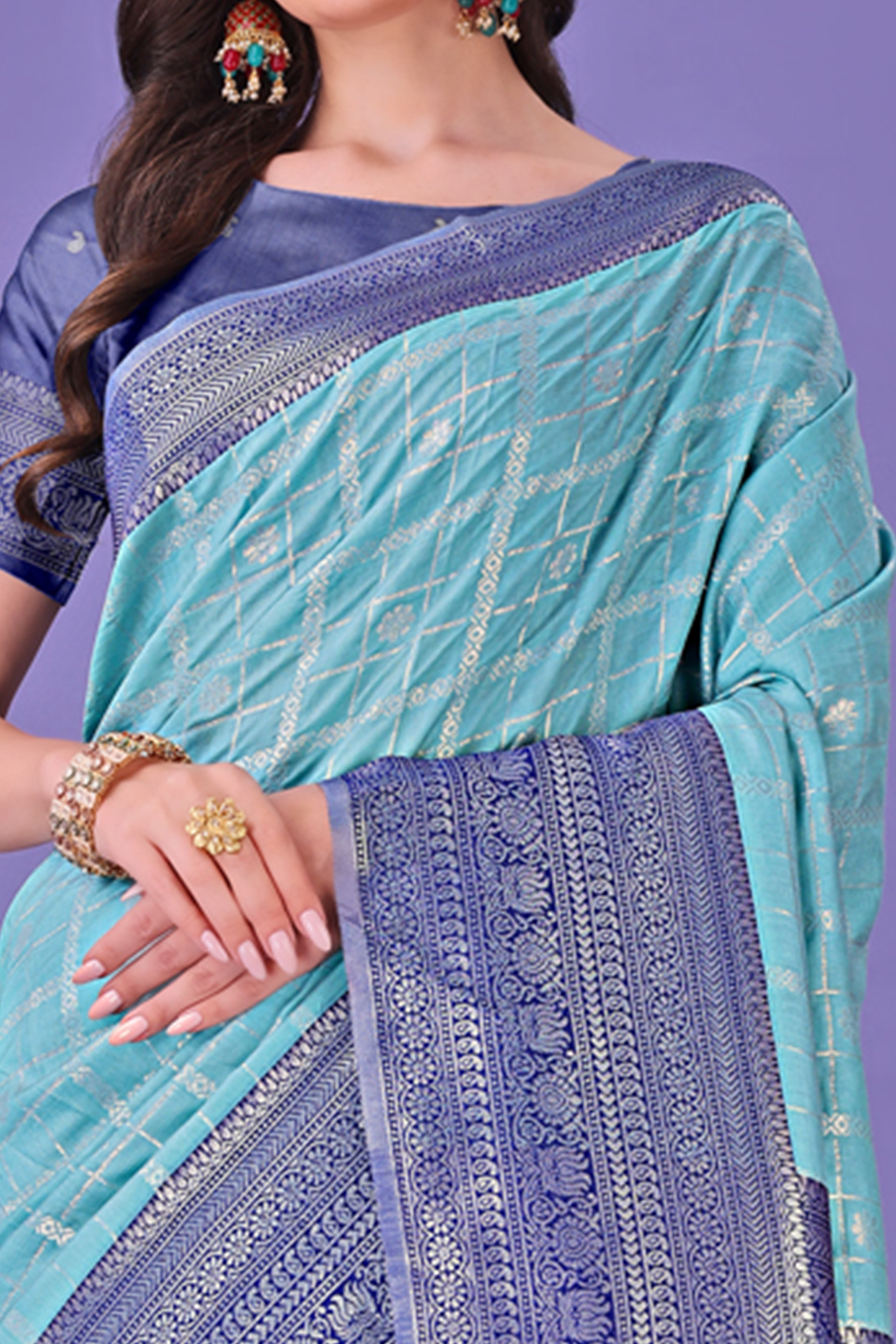 Sky Blue Banarasi Weave in Checked Design with Lustrous Zari Embellishments