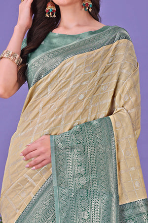 Cream Banarasi Weave in Checked Design with Lustrous Zari Embellishments