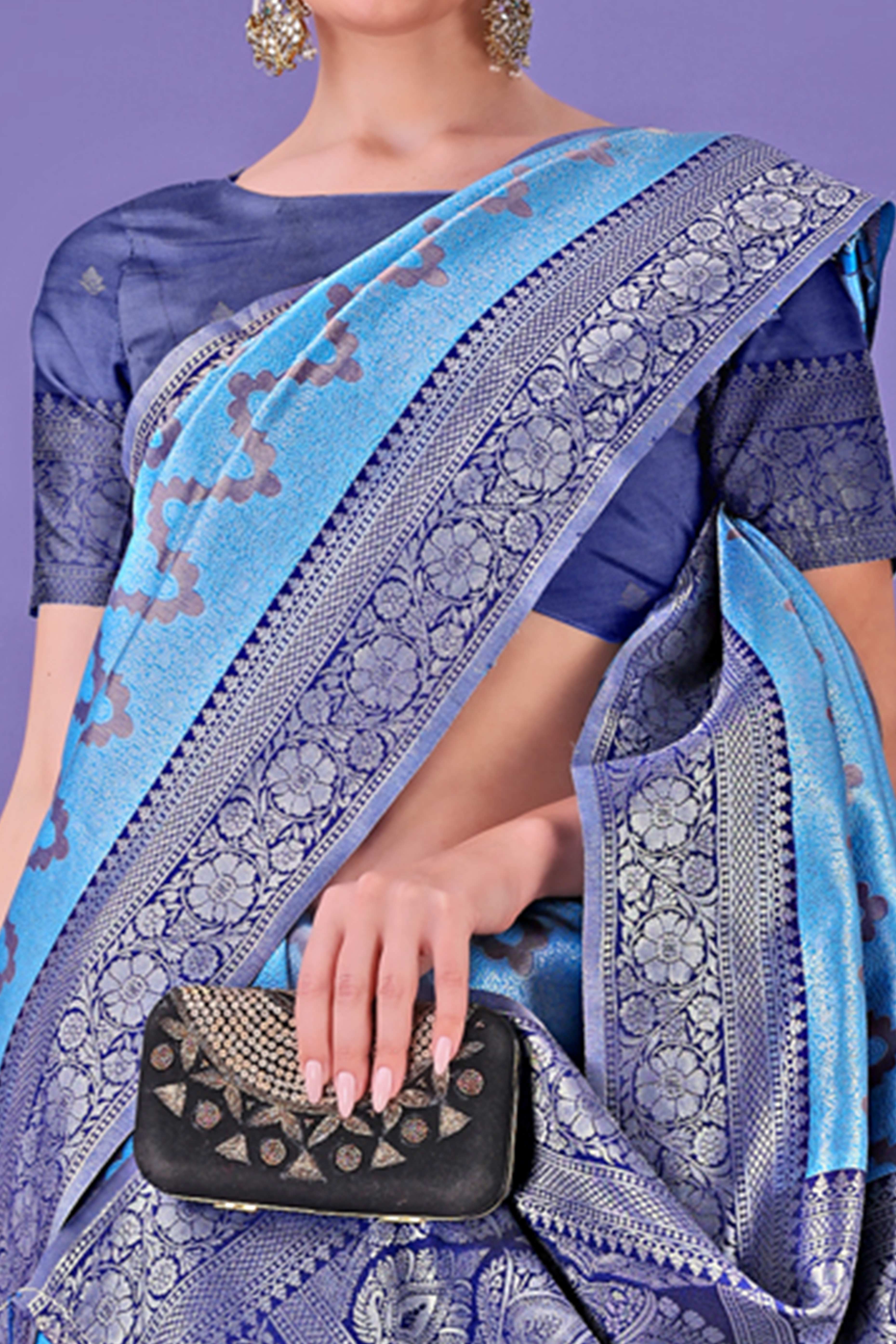 Blue Lichi Cotton Silk Saree Adorned With Floral Zari Weave & Tassels