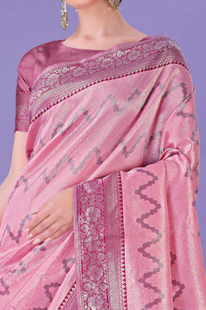 Light Pink Lichi Cotton Silk Saree Adorned With Floral Zari Weave & Tassels